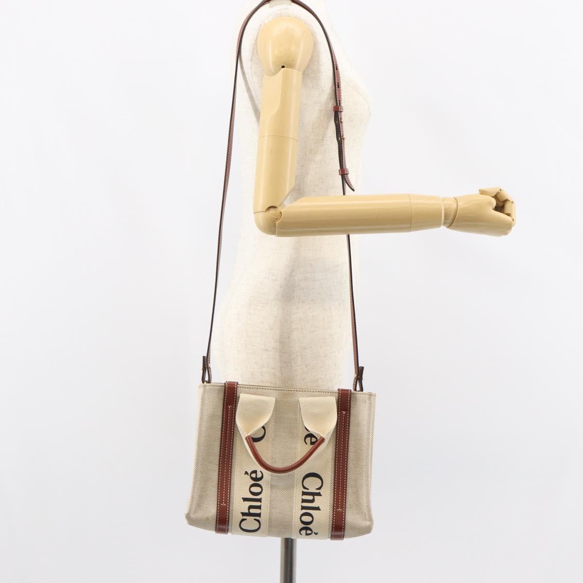 Chloe Woody Hand Bag Canvas Leather 2way Beige Gold Auth am9996
