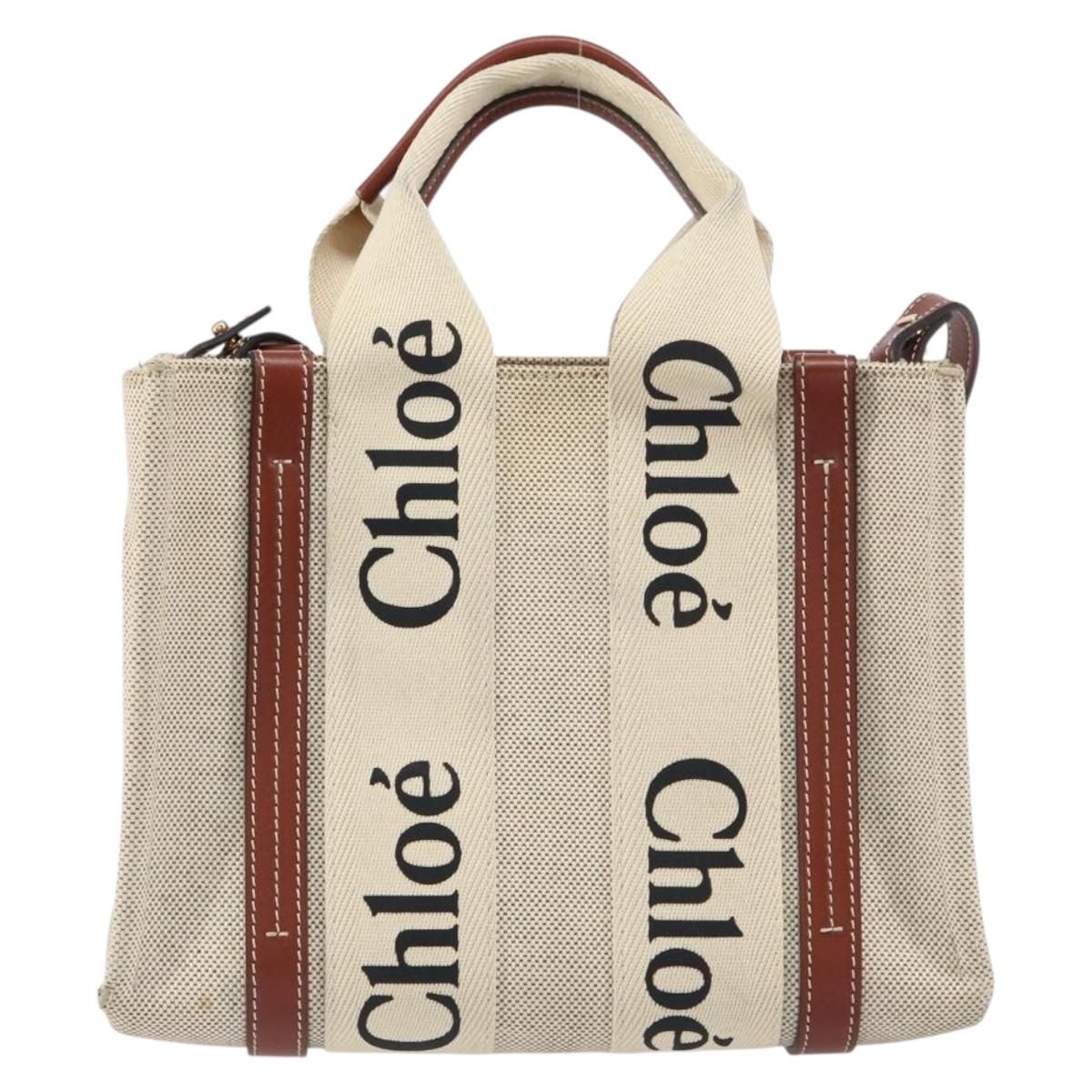 Chloe Woody Hand Bag Canvas Leather 2way Beige Gold Auth am9996