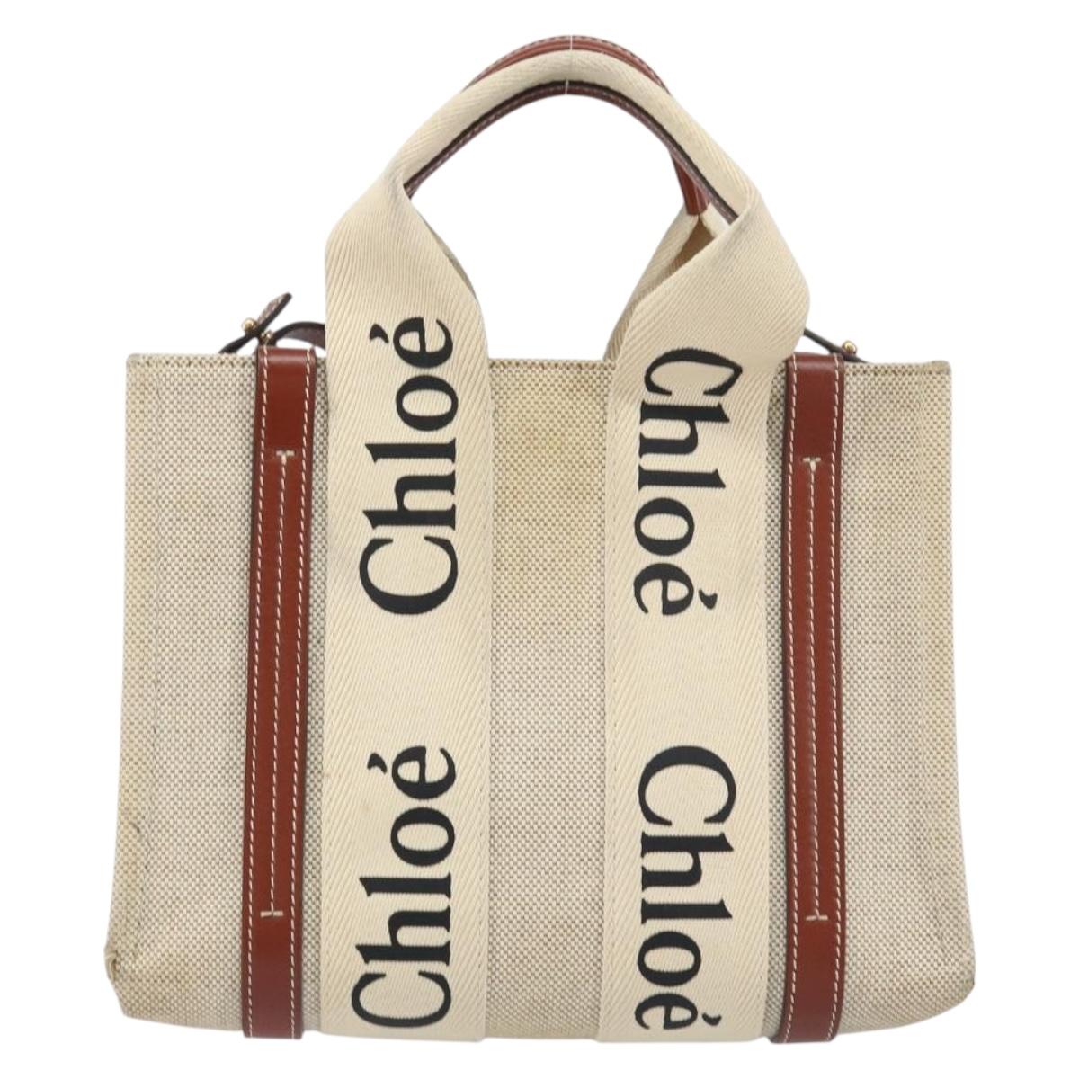 Chloe Woody Hand Bag Canvas Leather 2way Beige Gold Auth am9996