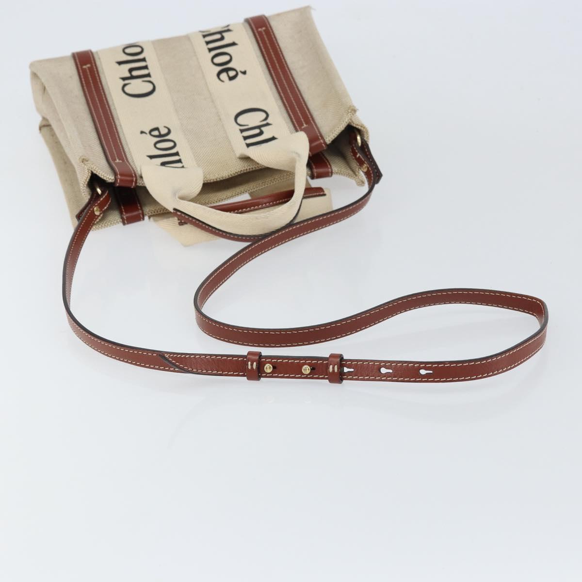 Chloe Woody Hand Bag Canvas Leather 2way Beige Gold Auth am9996