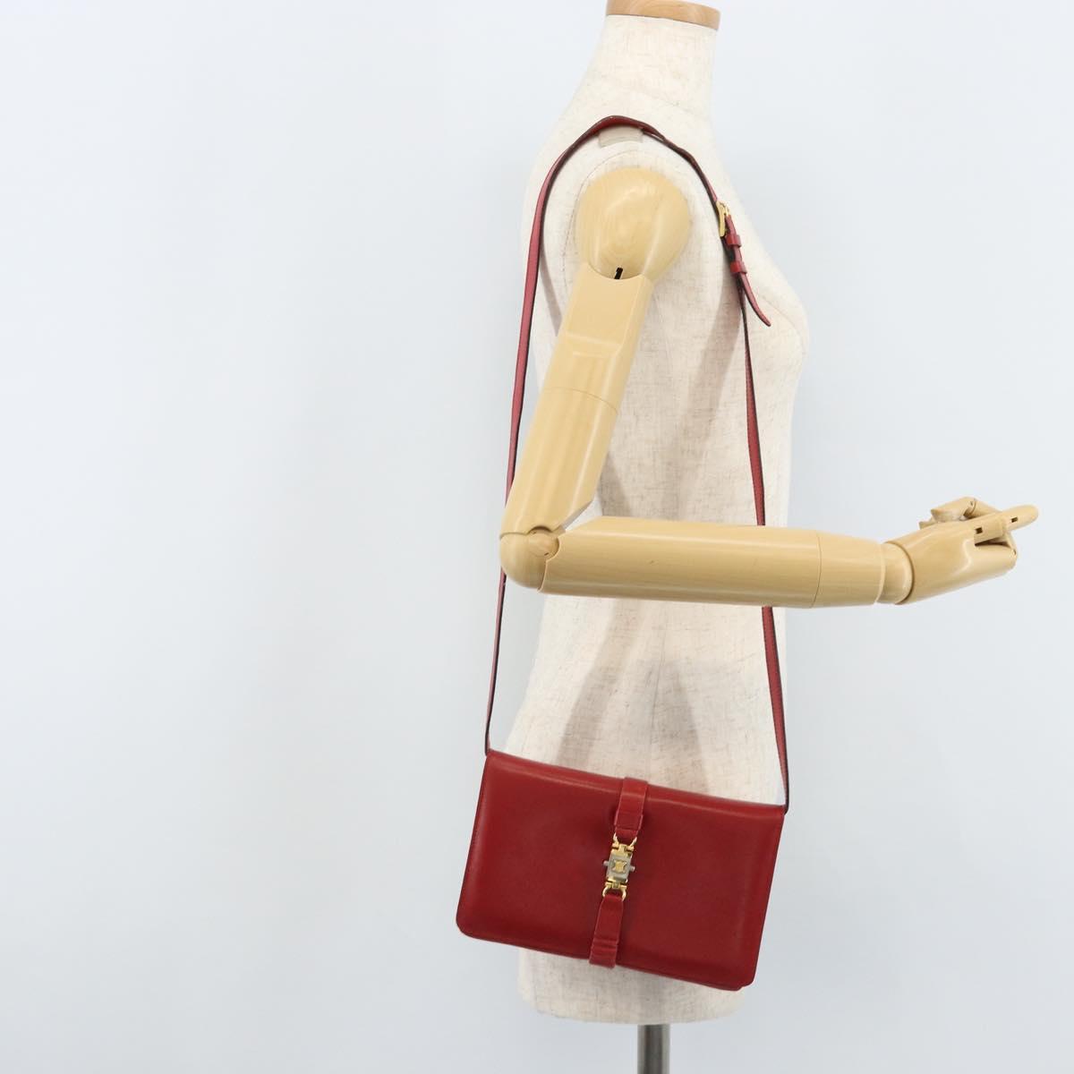 CELINE Shoulder Bag Leather Red Gold Auth AMZ004A