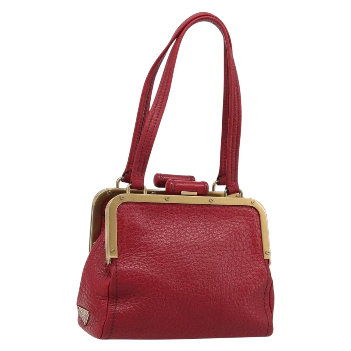 PRADA Hand Bag Leather Red Gold Auth AMZ057A