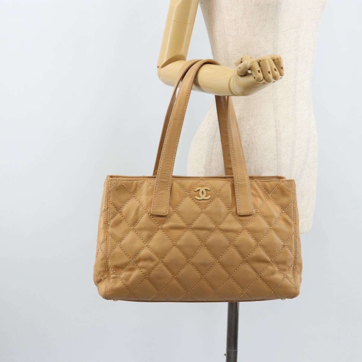 CHANEL Wild Stitch Hand Bag Leather Beige Gold CC Auth AMZ064