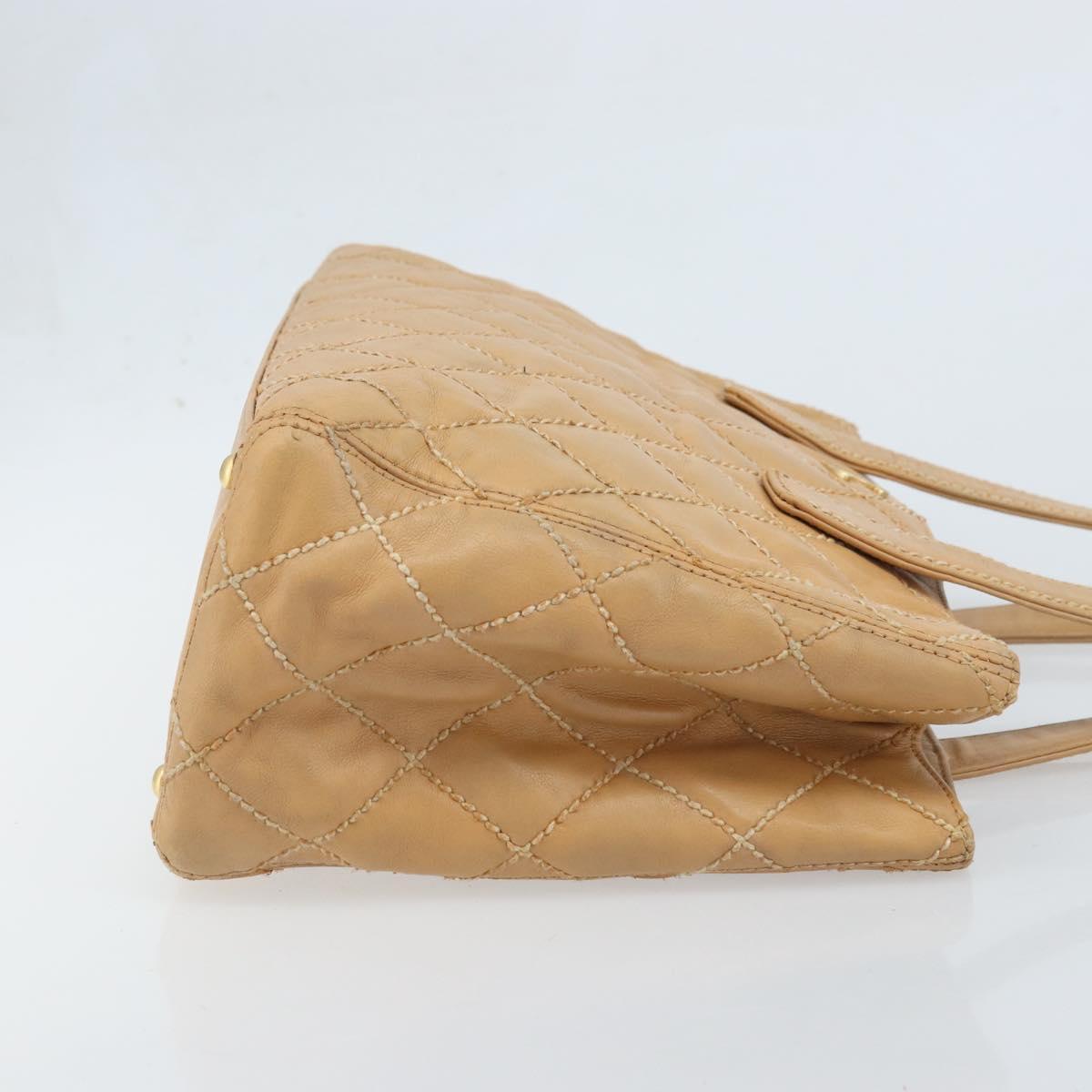 CHANEL Wild Stitch Hand Bag Leather Beige Gold CC Auth AMZ064