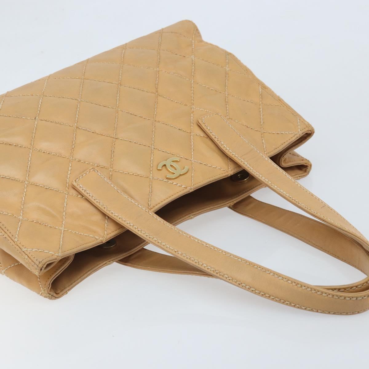 CHANEL Wild Stitch Hand Bag Leather Beige Gold CC Auth AMZ064