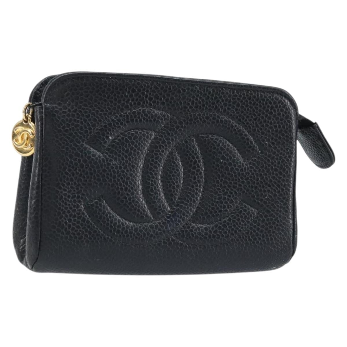 CHANEL COCO Mark Pouch Caviar Skin Black Gold CC Auth AMZ108