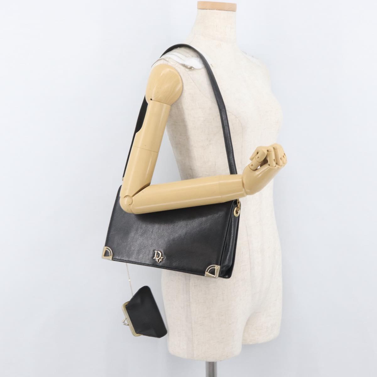 Christian Dior Shoulder Bag Calf Skin Black Gold Auth AMZ145A