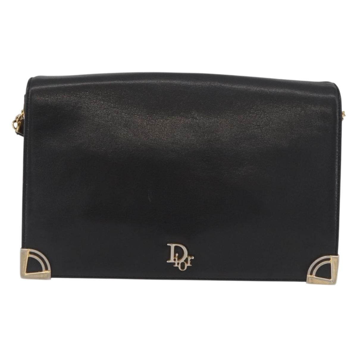 Christian Dior Shoulder Bag Calf Skin Black Gold Auth AMZ145A