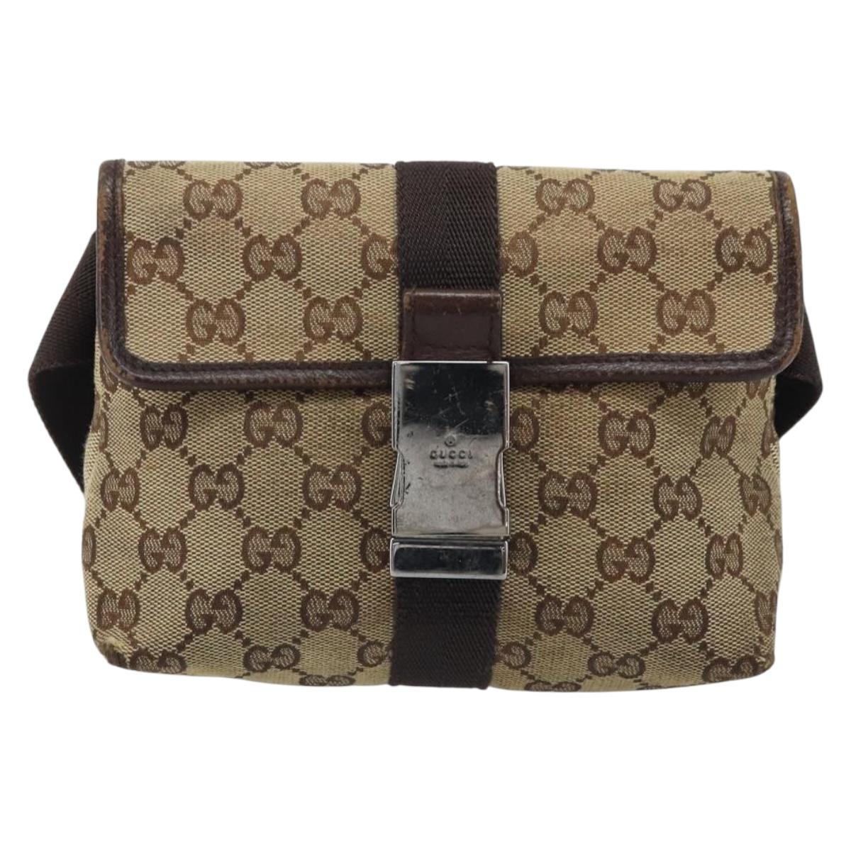 GUCCI GG Canvas Waist Bag Beige Silver 131236 Auth AMZ164