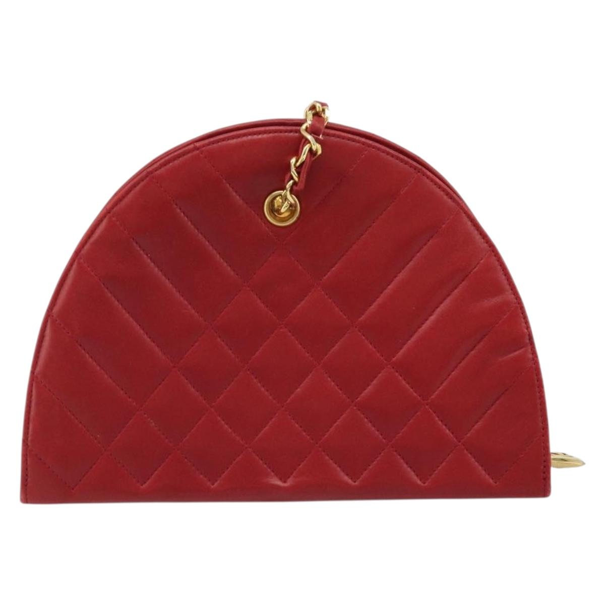 CHANEL Matelasse Chain Shoulder Bag Lamb Skin Red Gold CC Auth AMZ168A