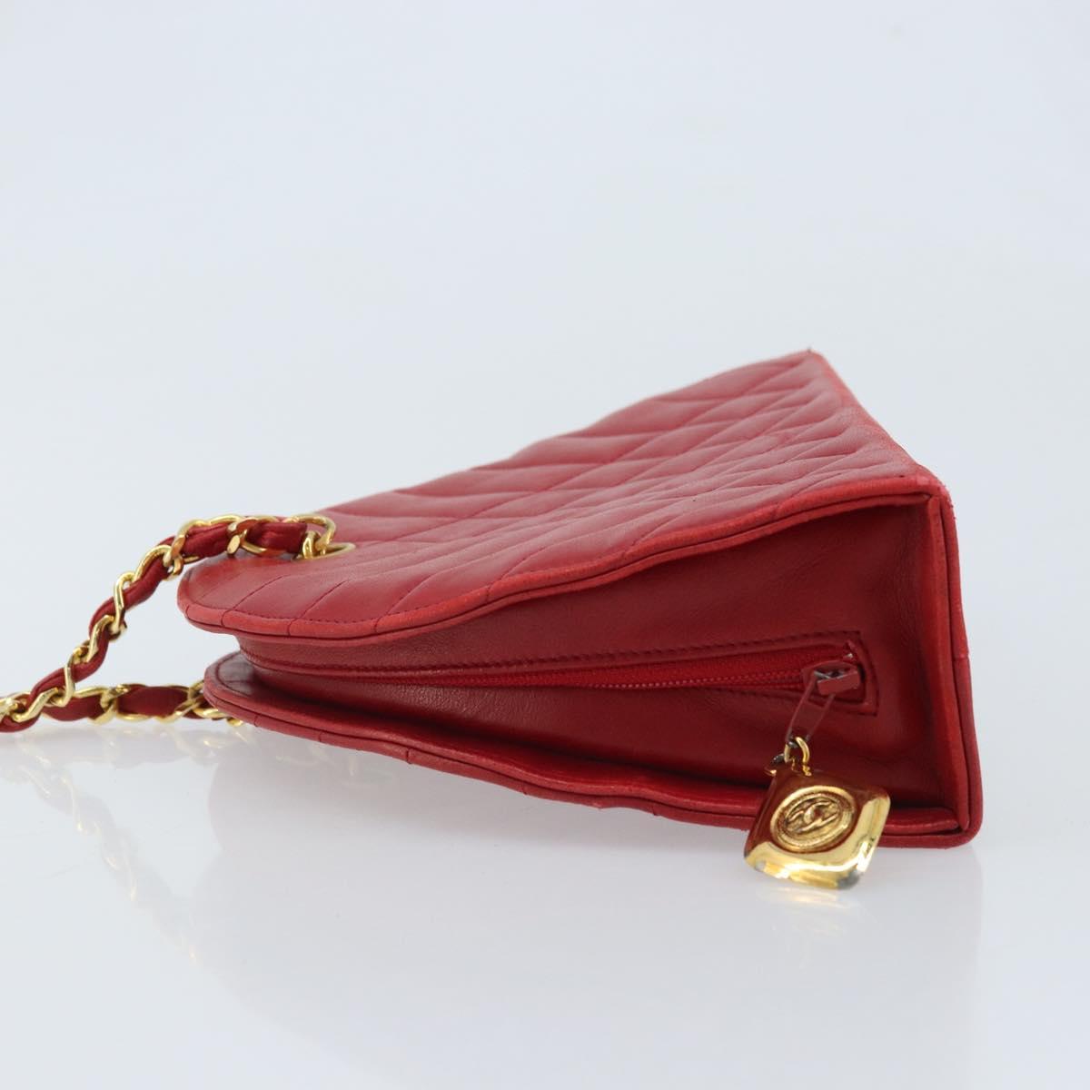CHANEL Matelasse Chain Shoulder Bag Lamb Skin Red Gold CC Auth AMZ168A