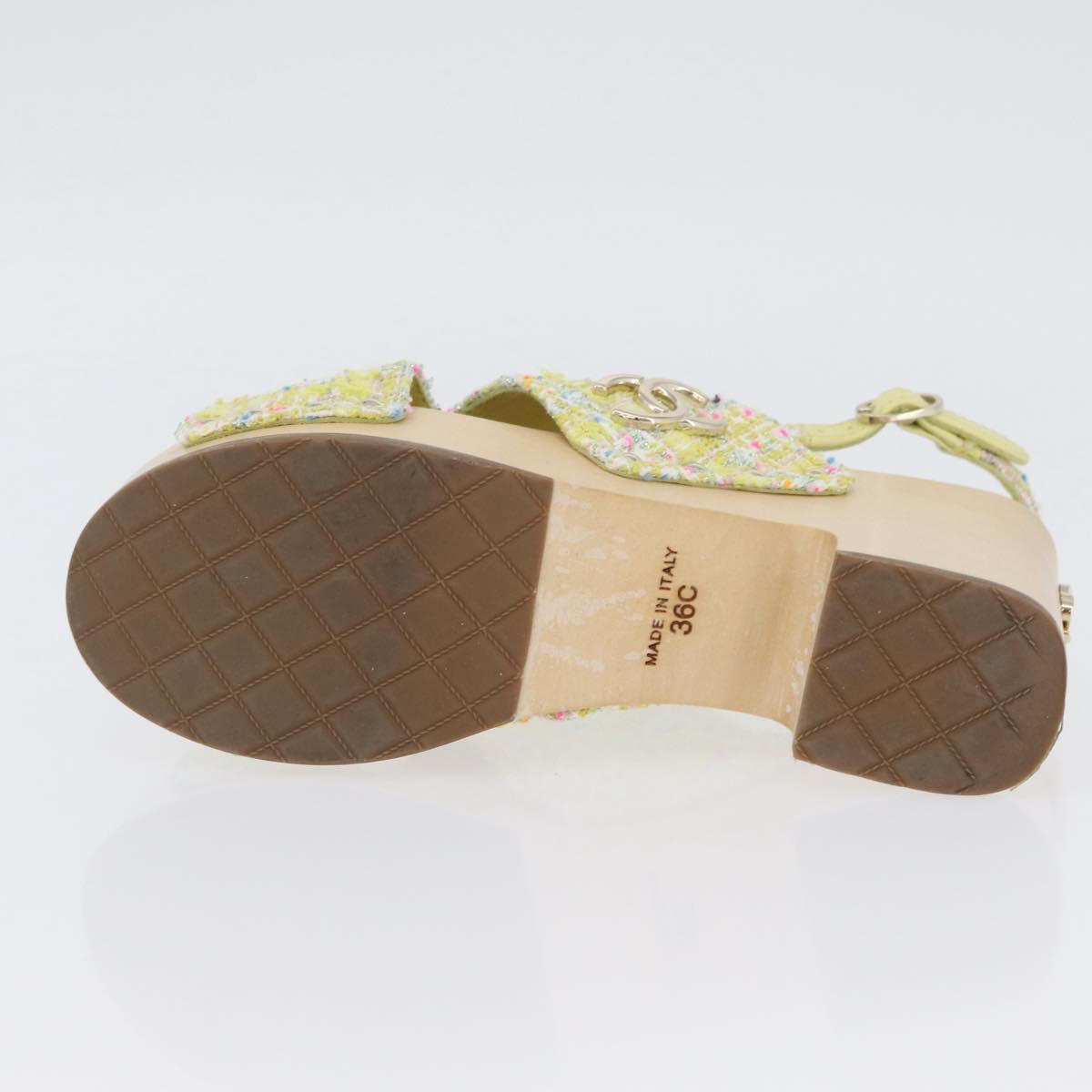 CHANEL COCO Mark Sandals Tweed Yellow CC Auth AMZ178M