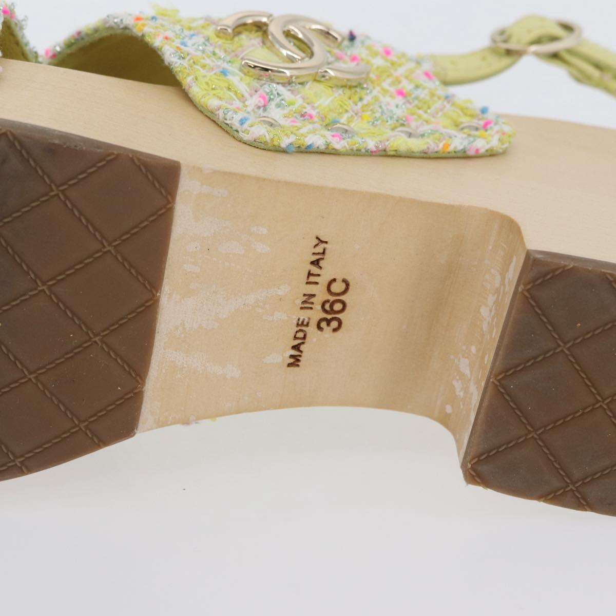 CHANEL COCO Mark Sandals Tweed Yellow CC Auth AMZ178M