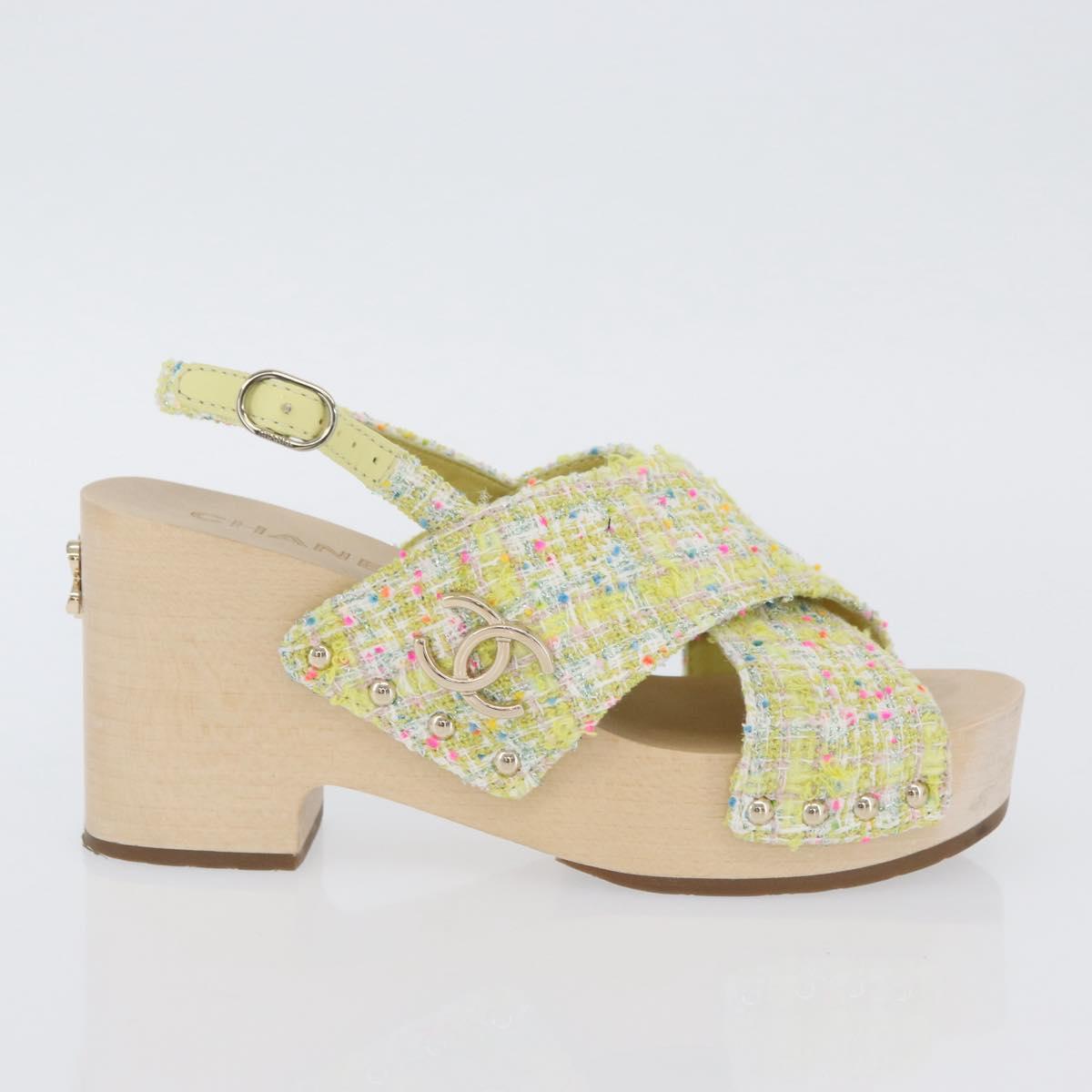 CHANEL COCO Mark Sandals Tweed Yellow CC Auth AMZ178M