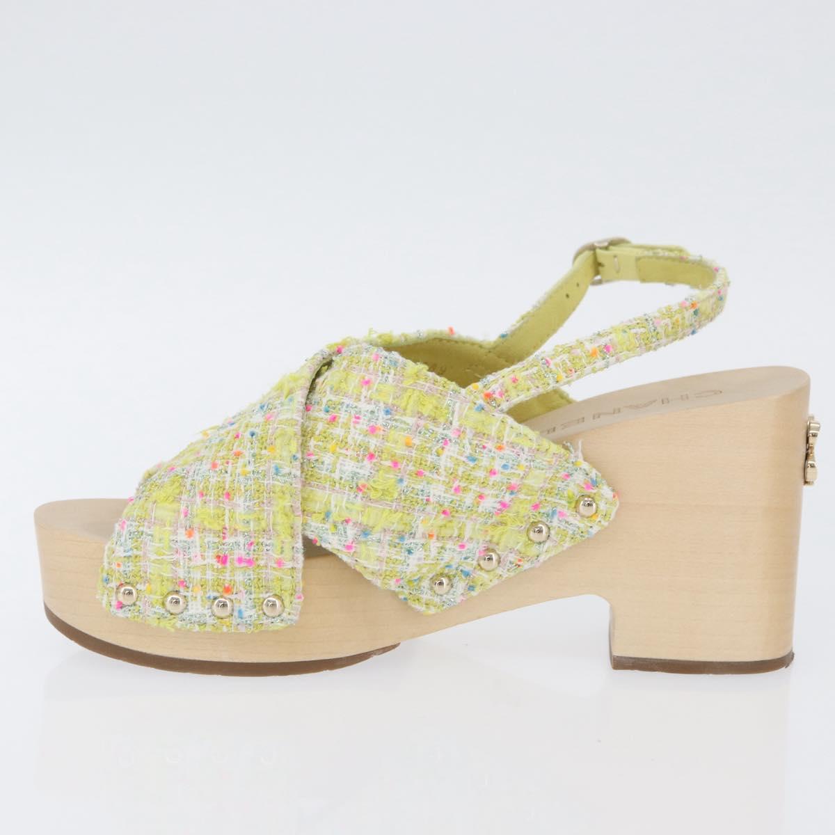 CHANEL COCO Mark Sandals Tweed Yellow CC Auth AMZ178M