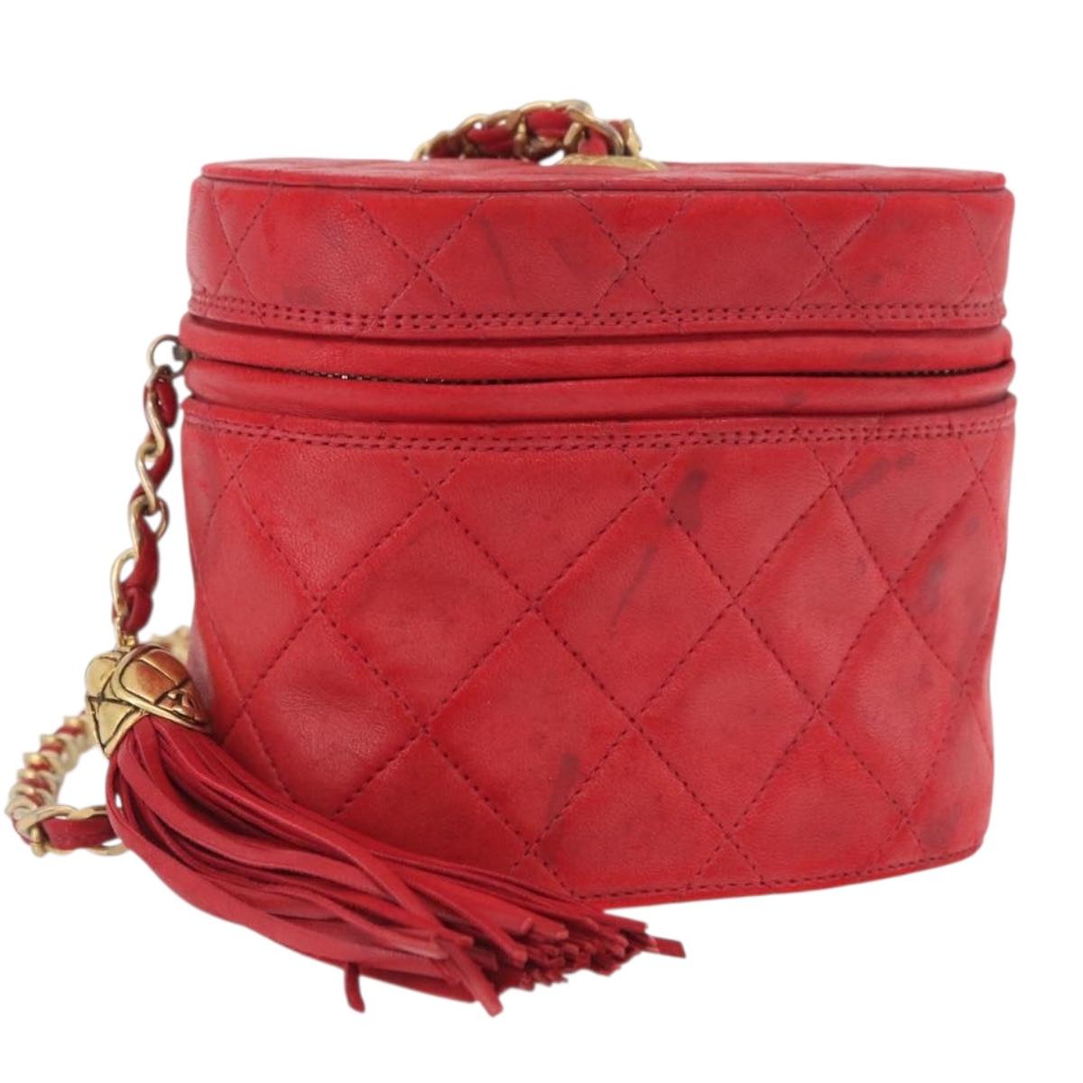 CHANEL Chain Shoulder Bag Lamb Skin Red Gold CC Auth AMZ310A