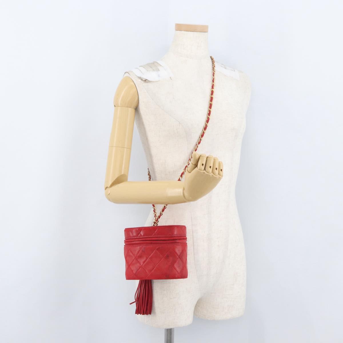 CHANEL Chain Shoulder Bag Lamb Skin Red Gold CC Auth AMZ310A