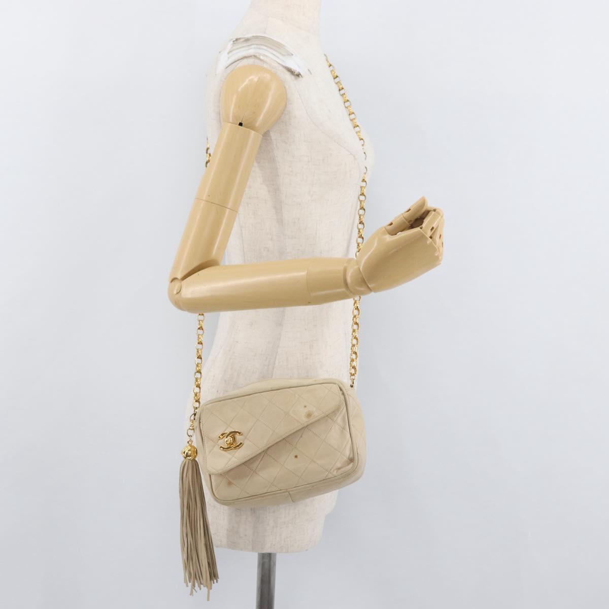 CHANEL Matelasse Chain Shoulder Bag Lamb Skin Ivory Gold CC Auth AMZ315