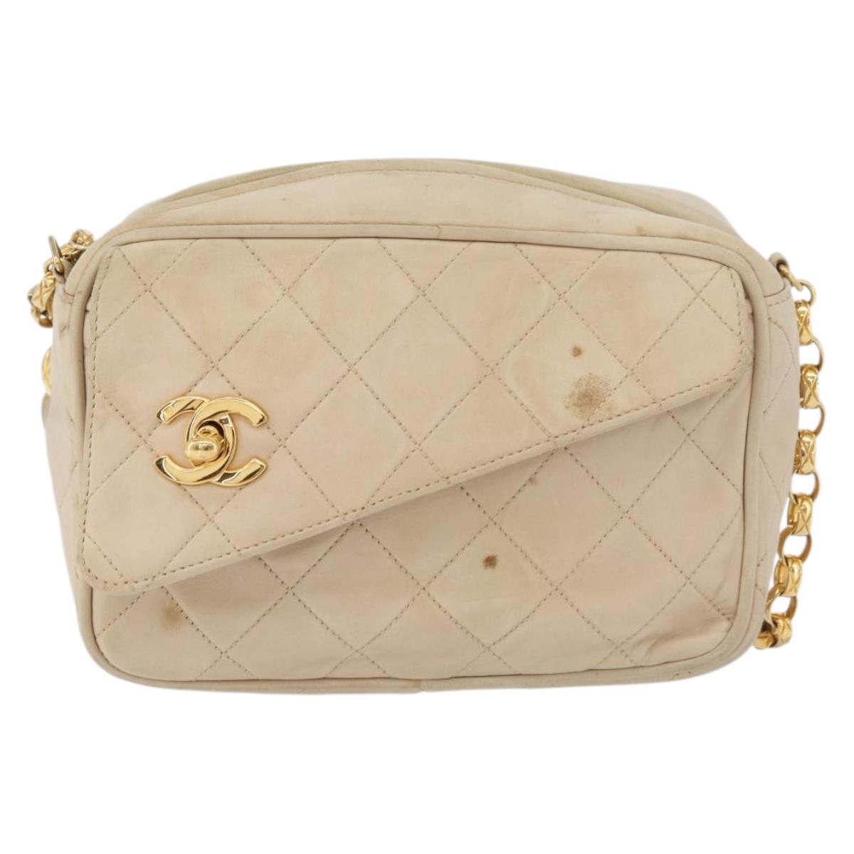CHANEL Matelasse Chain Shoulder Bag Lamb Skin Ivory Gold CC Auth AMZ315