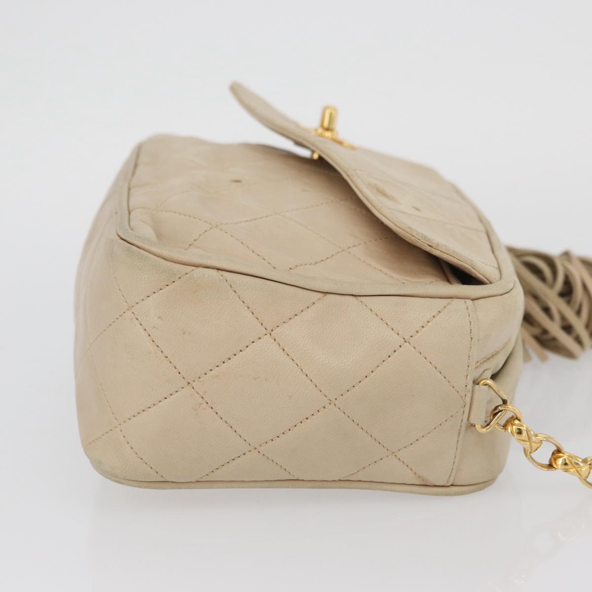 CHANEL Matelasse Chain Shoulder Bag Lamb Skin Ivory Gold CC Auth AMZ315