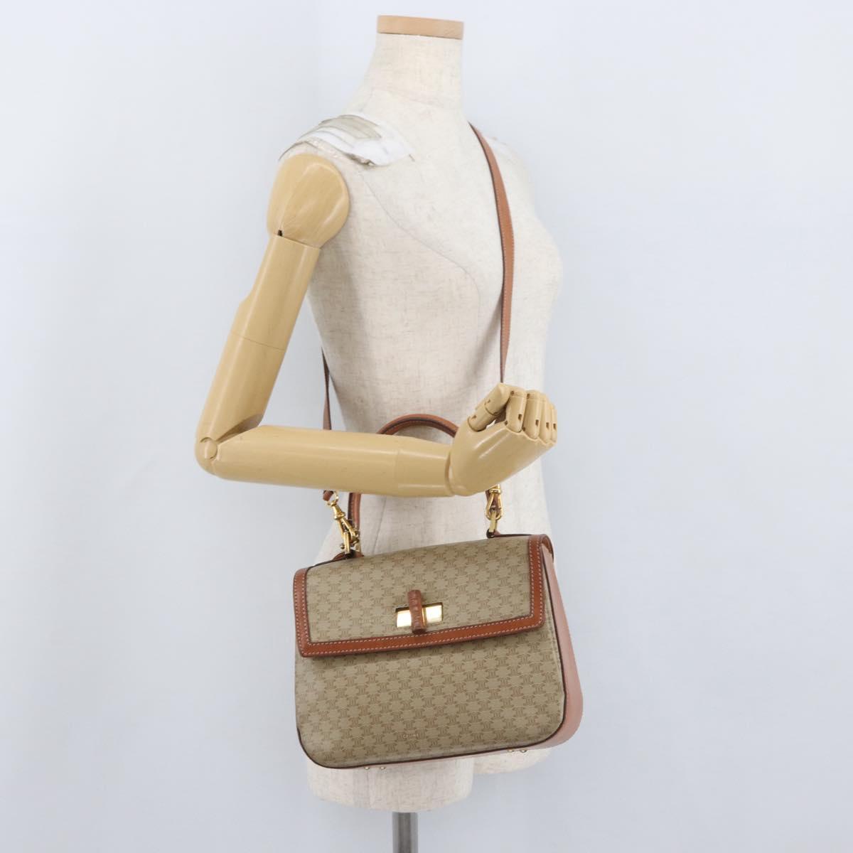 CELINE Macadam Canvas Circle Hand Bag PVC 2way Beige Gold Auth AMZ333A