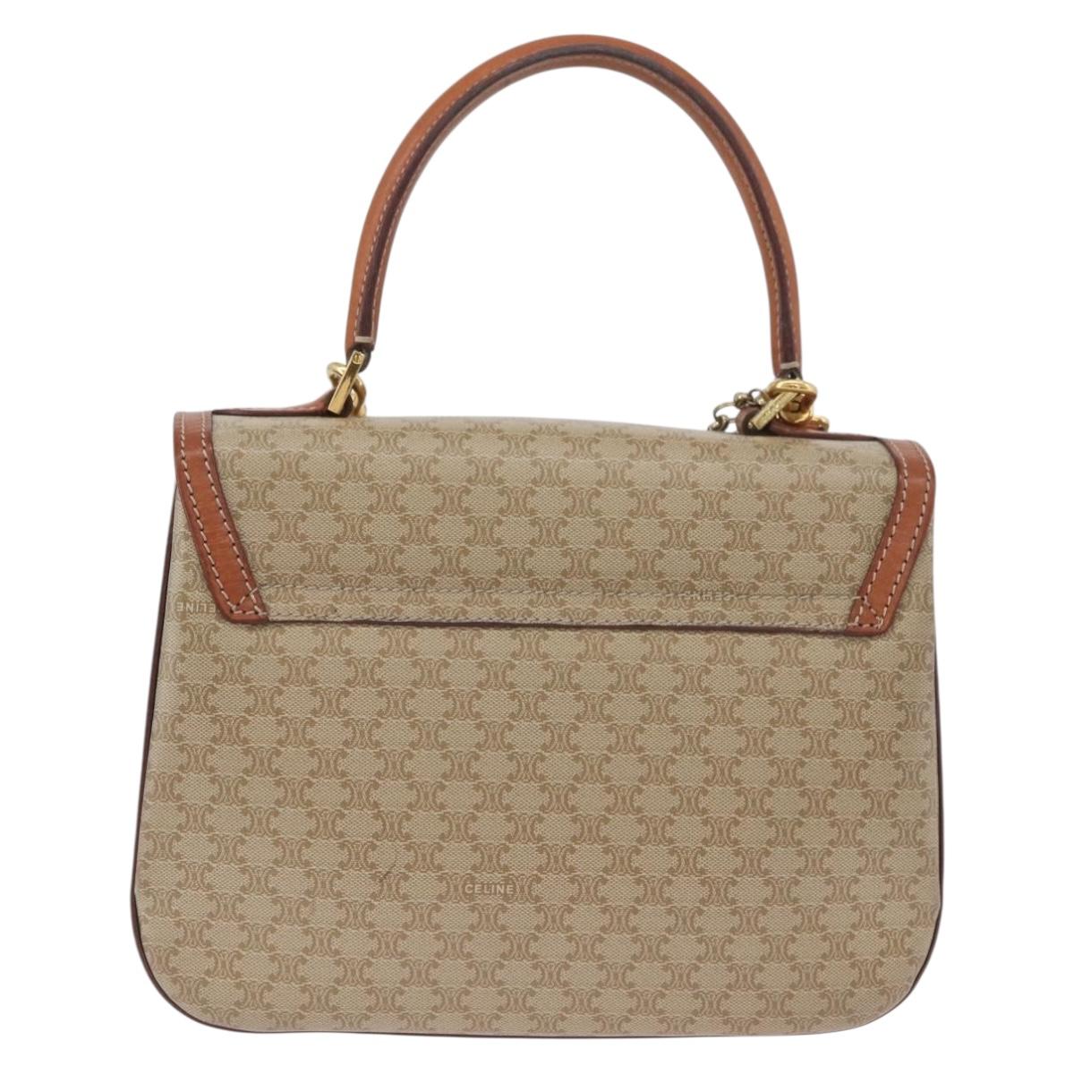 CELINE Macadam Canvas Circle Hand Bag PVC 2way Beige Gold Auth AMZ333A