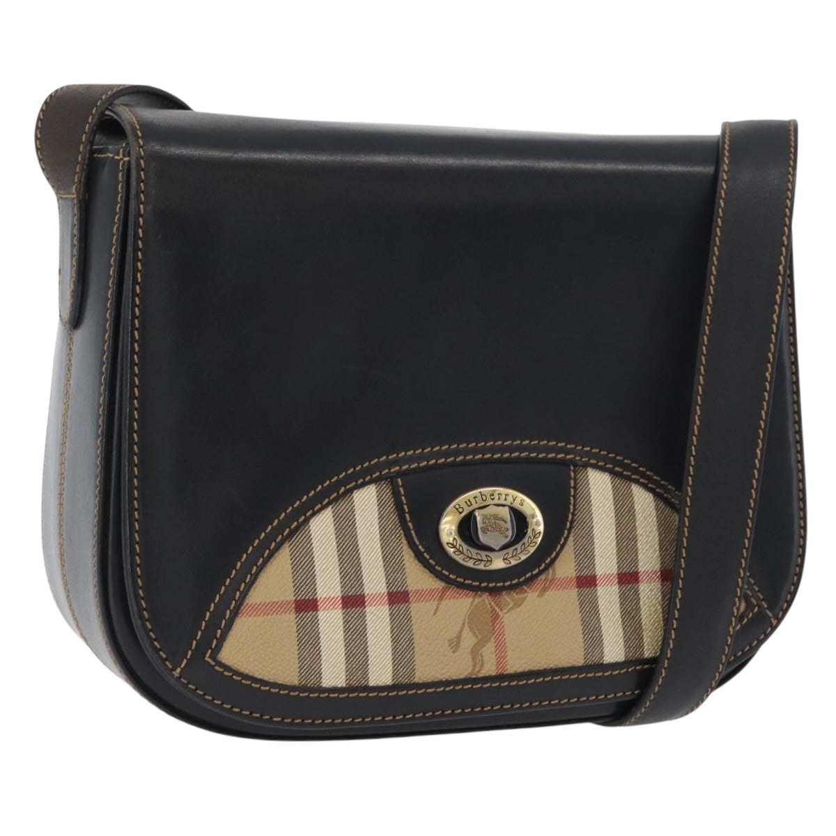 Burberrys Nova Check Shoulder Bag PVC Leather Black Gold Auth AMZ334
