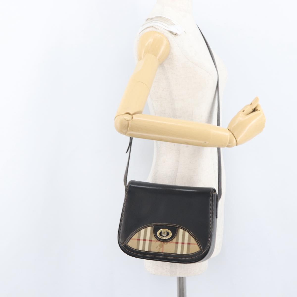 Burberrys Nova Check Shoulder Bag PVC Leather Black Gold Auth AMZ334