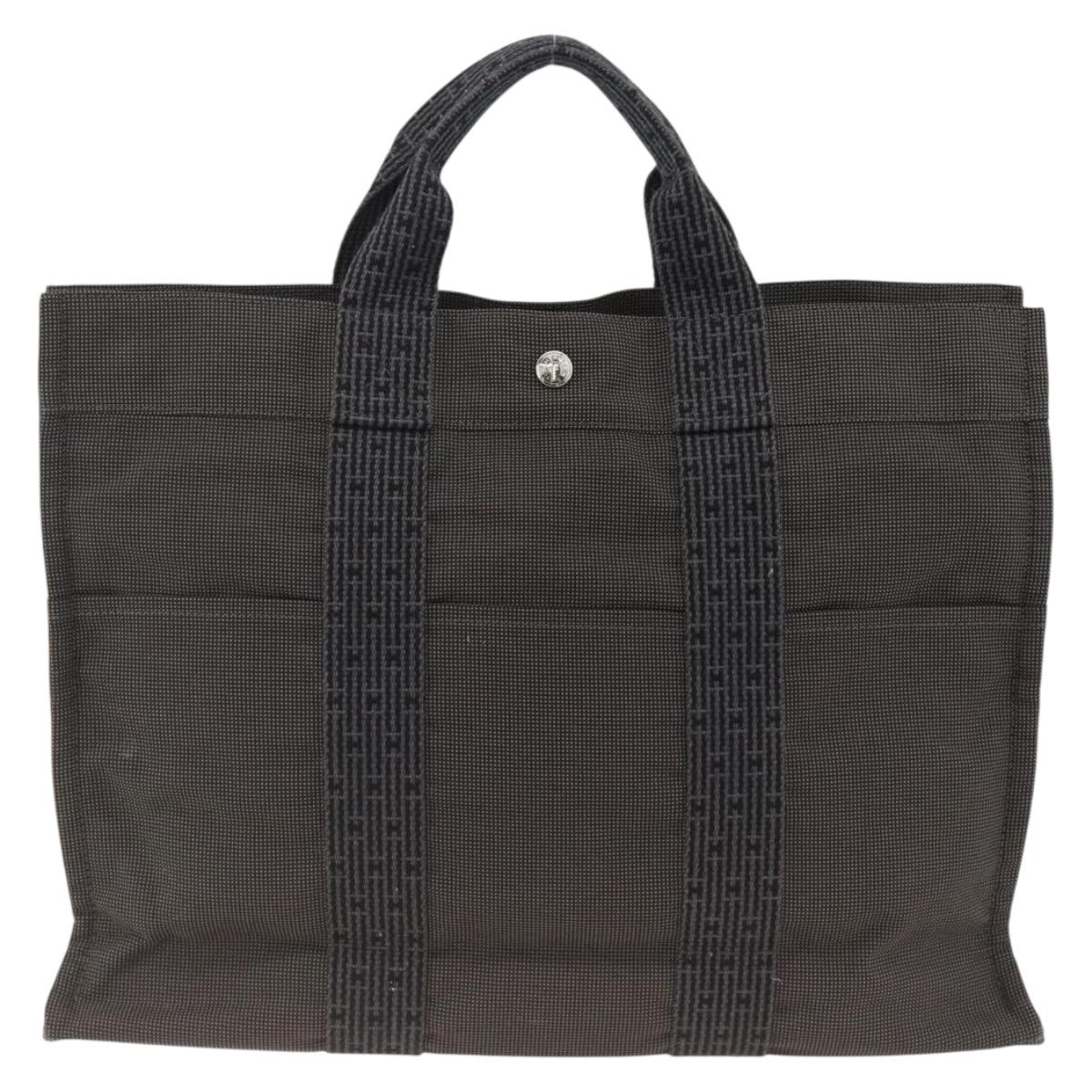 HERMES Her Line MM Hand Bag Canvas Gray Silver Auth AMZ335A