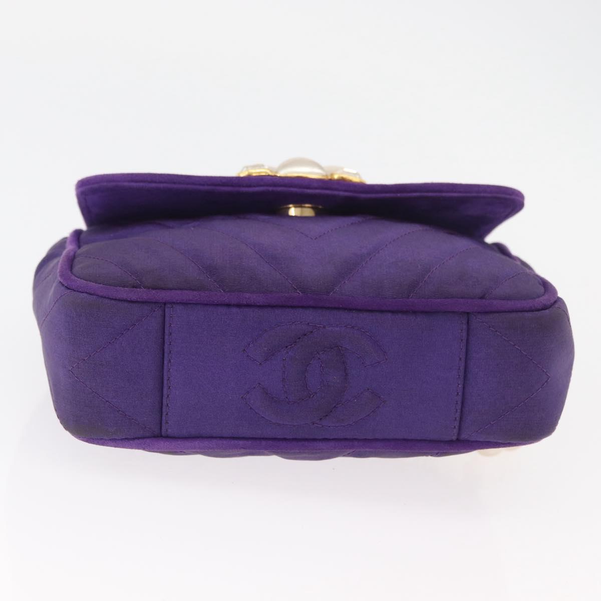CHANEL V Stitch Pearl Shoulder Bag Nylon Purple Gold CC Auth AMZ336