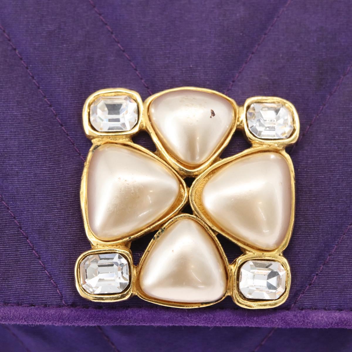 CHANEL V Stitch Pearl Shoulder Bag Nylon Purple Gold CC Auth AMZ336