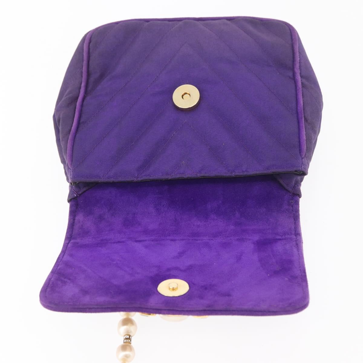 CHANEL V Stitch Pearl Shoulder Bag Nylon Purple Gold CC Auth AMZ336