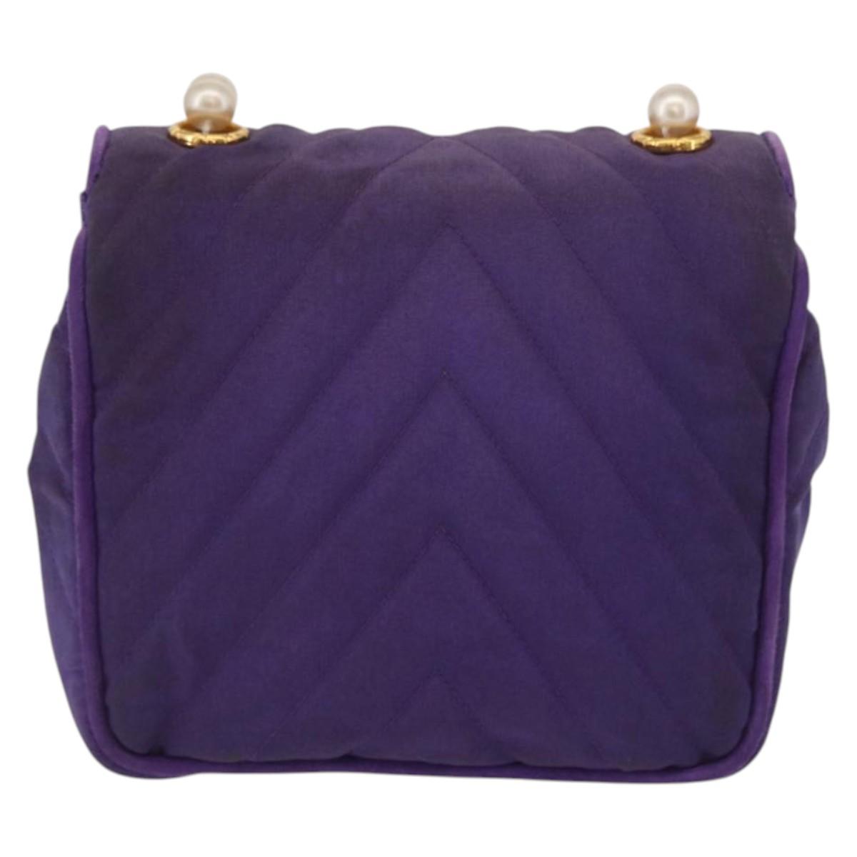 CHANEL V Stitch Pearl Shoulder Bag Nylon Purple Gold CC Auth AMZ336