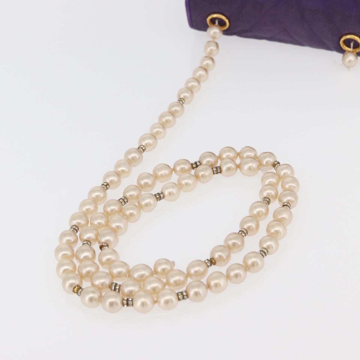 CHANEL V Stitch Pearl Shoulder Bag Nylon Purple Gold CC Auth AMZ336