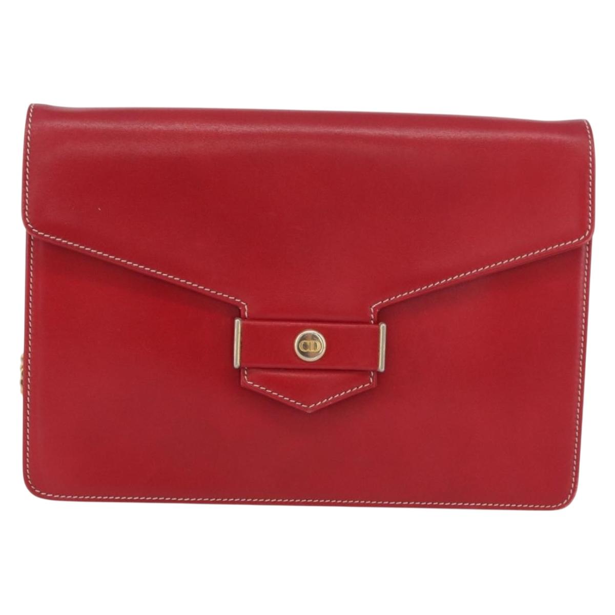 Christian Dior Chain Shoulder Bag Leather Red Gold Auth AMZ337A