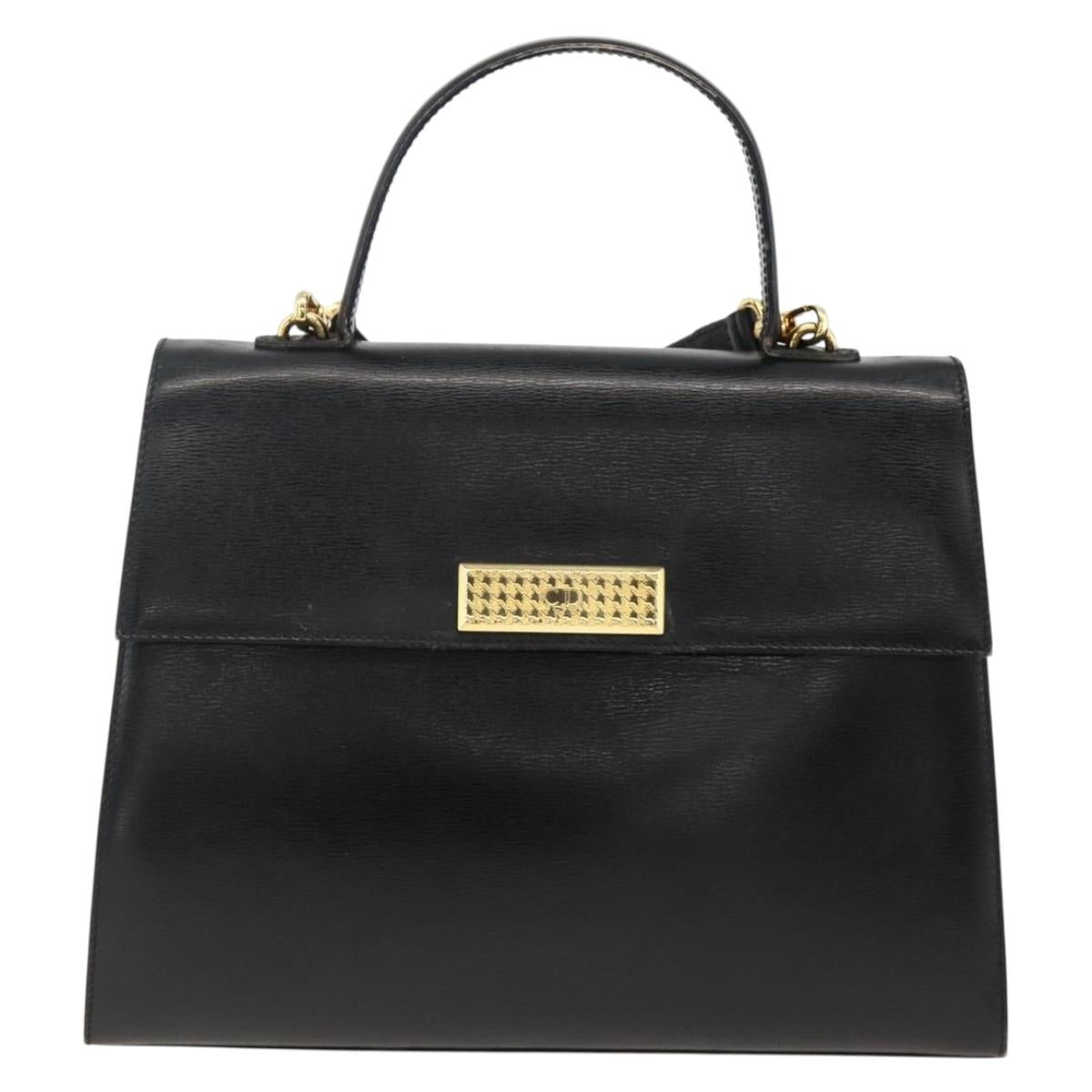 Christian Dior Hand Bag Leather 2way Black Gold Auth AMZ338A