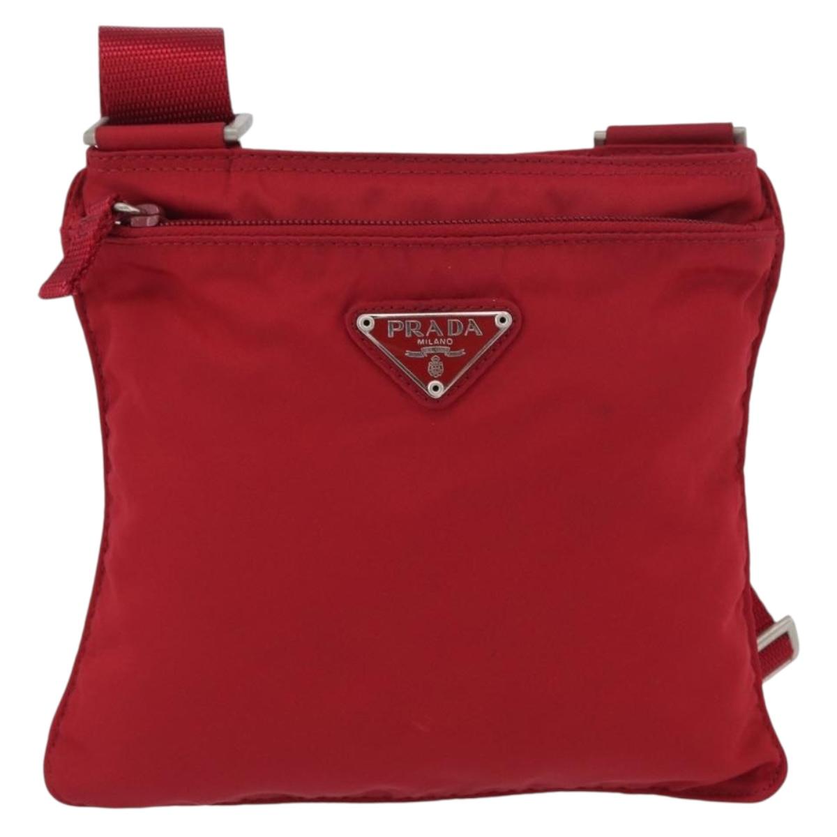 PRADA Shoulder Bag Nylon Red Silver Auth AMZ339
