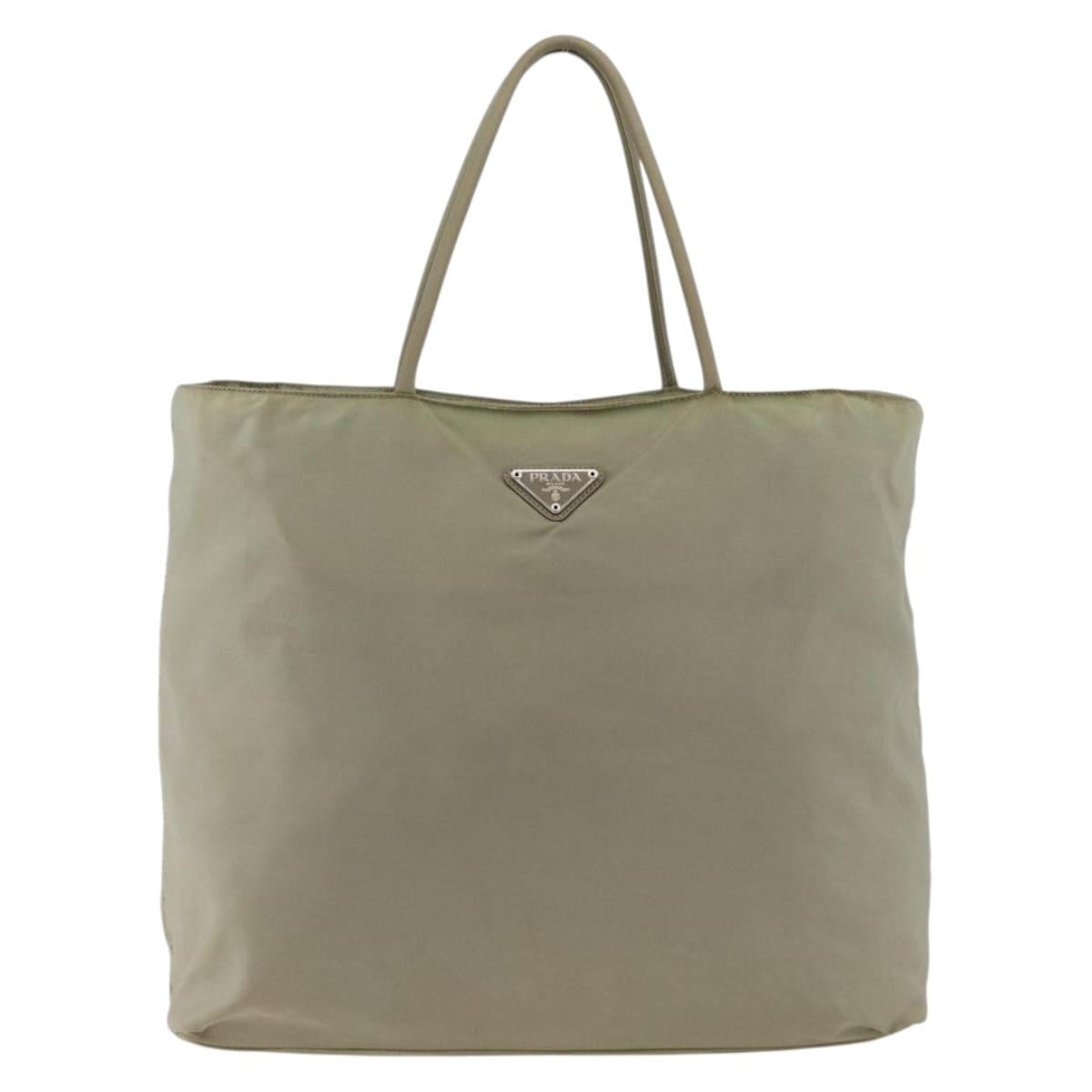 PRADA Hand Bag Nylon Beige Silver Auth AMZ343