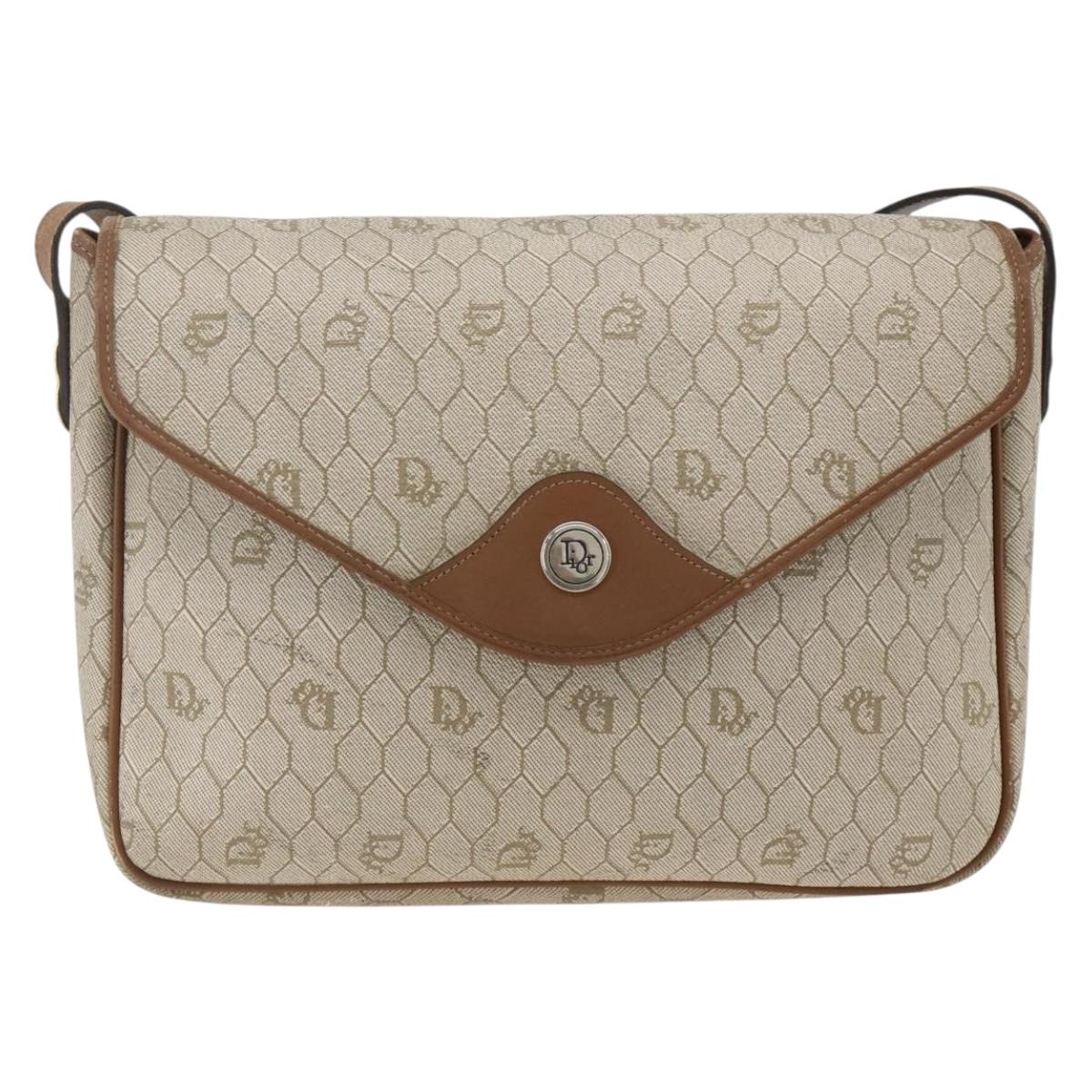Christian Dior Honeycomb Canvas Shoulder Bag PVC Beige Gold Auth AMZ354