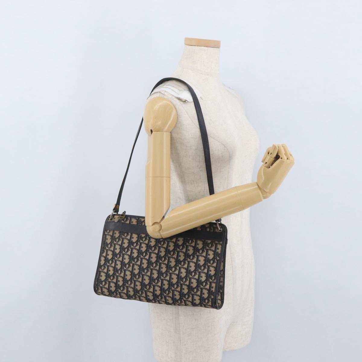Christian Dior Trotter Canvas Shoulder Bag Navy Gold Auth AMZ357