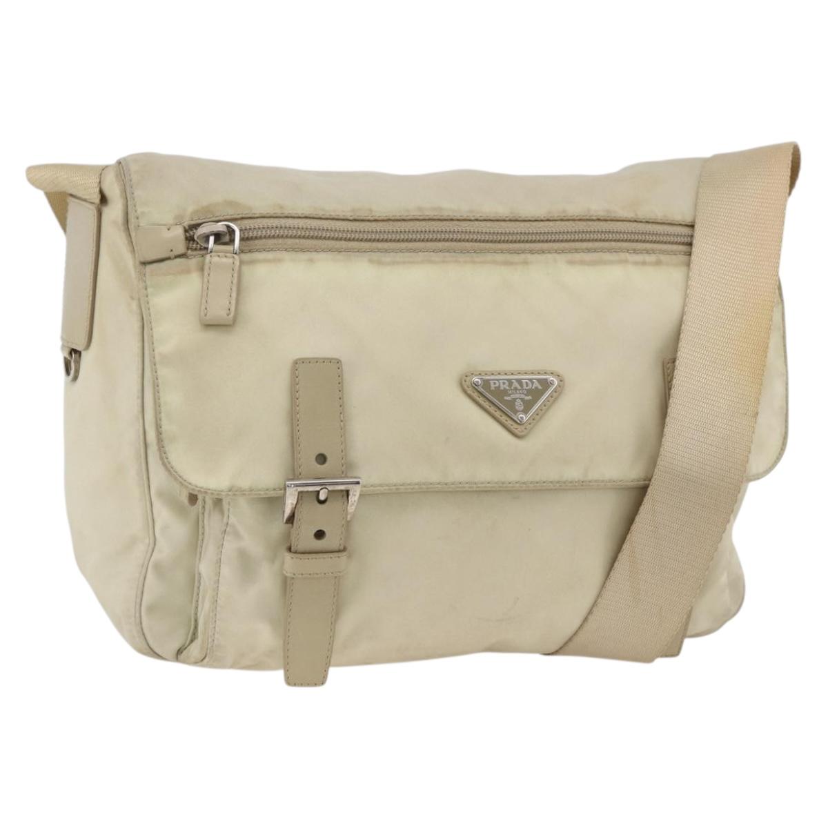 PRADA Shoulder Bag Nylon Beige Silver Auth AMZ363