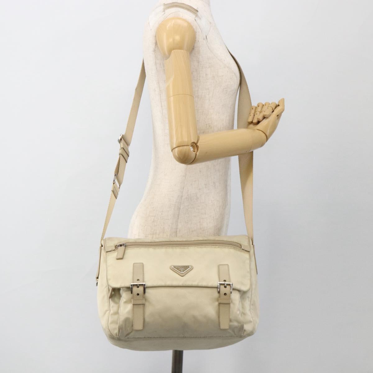 PRADA Shoulder Bag Nylon Beige Silver Auth AMZ363