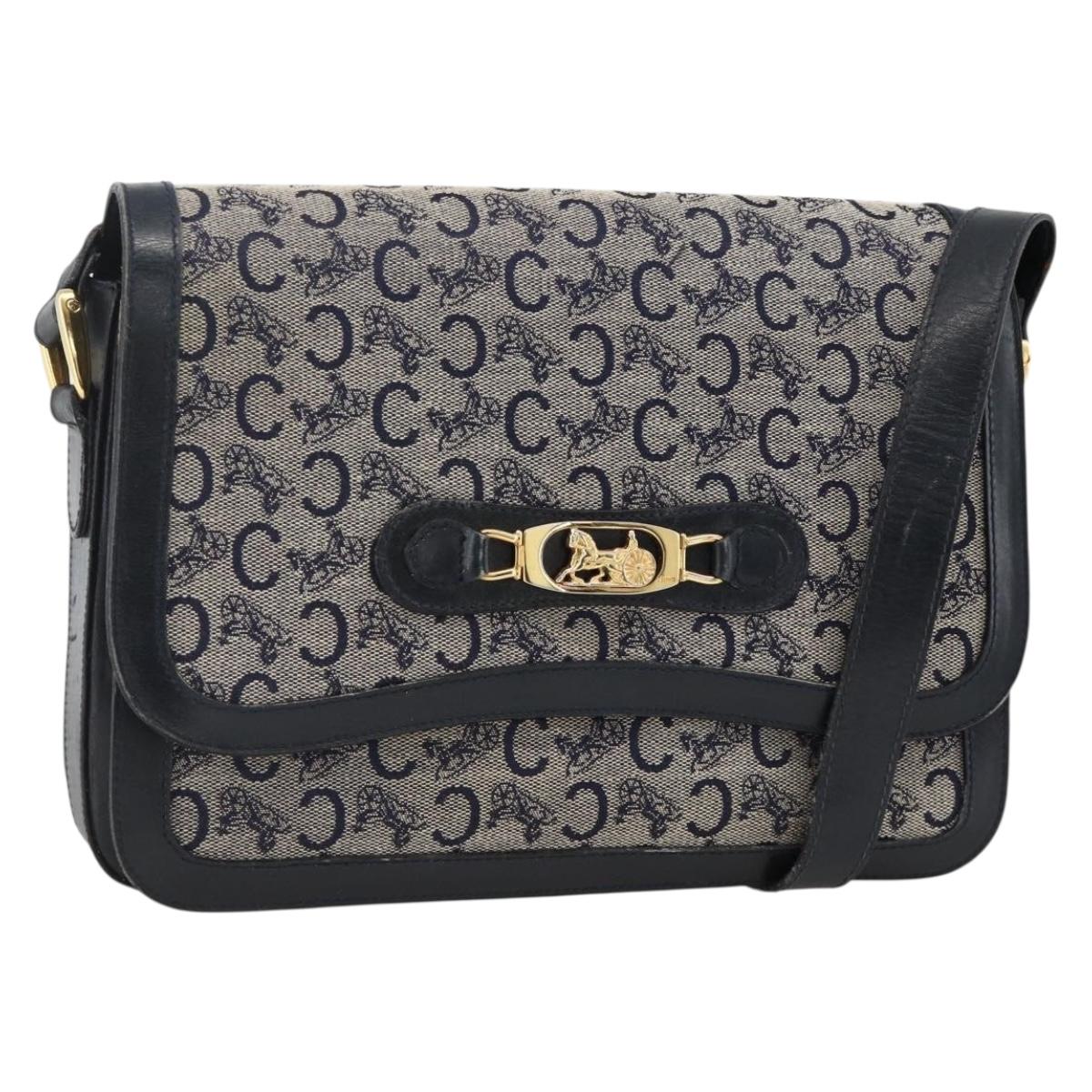 CELINE C Sulky Horse Carriage Shoulder Bag Canvas Navy Gold Auth AMZ372