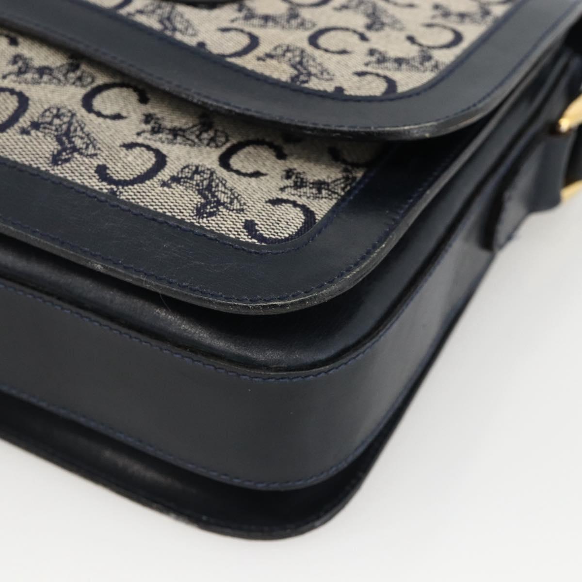 CELINE C Sulky Horse Carriage Shoulder Bag Canvas Navy Gold Auth AMZ372