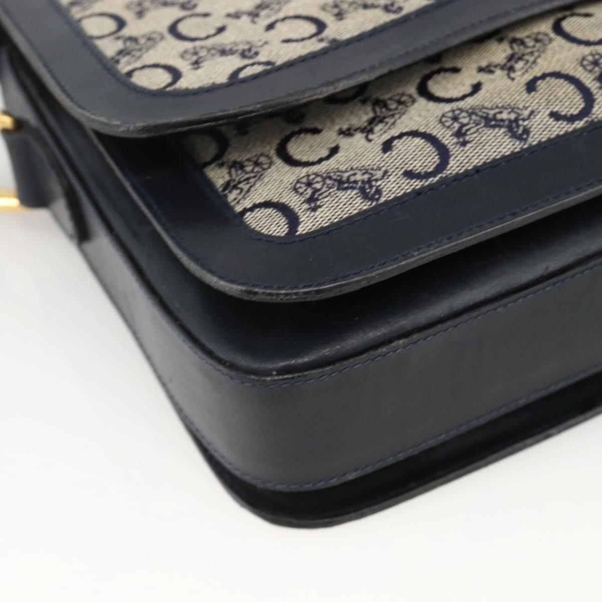 CELINE C Sulky Horse Carriage Shoulder Bag Canvas Navy Gold Auth AMZ372