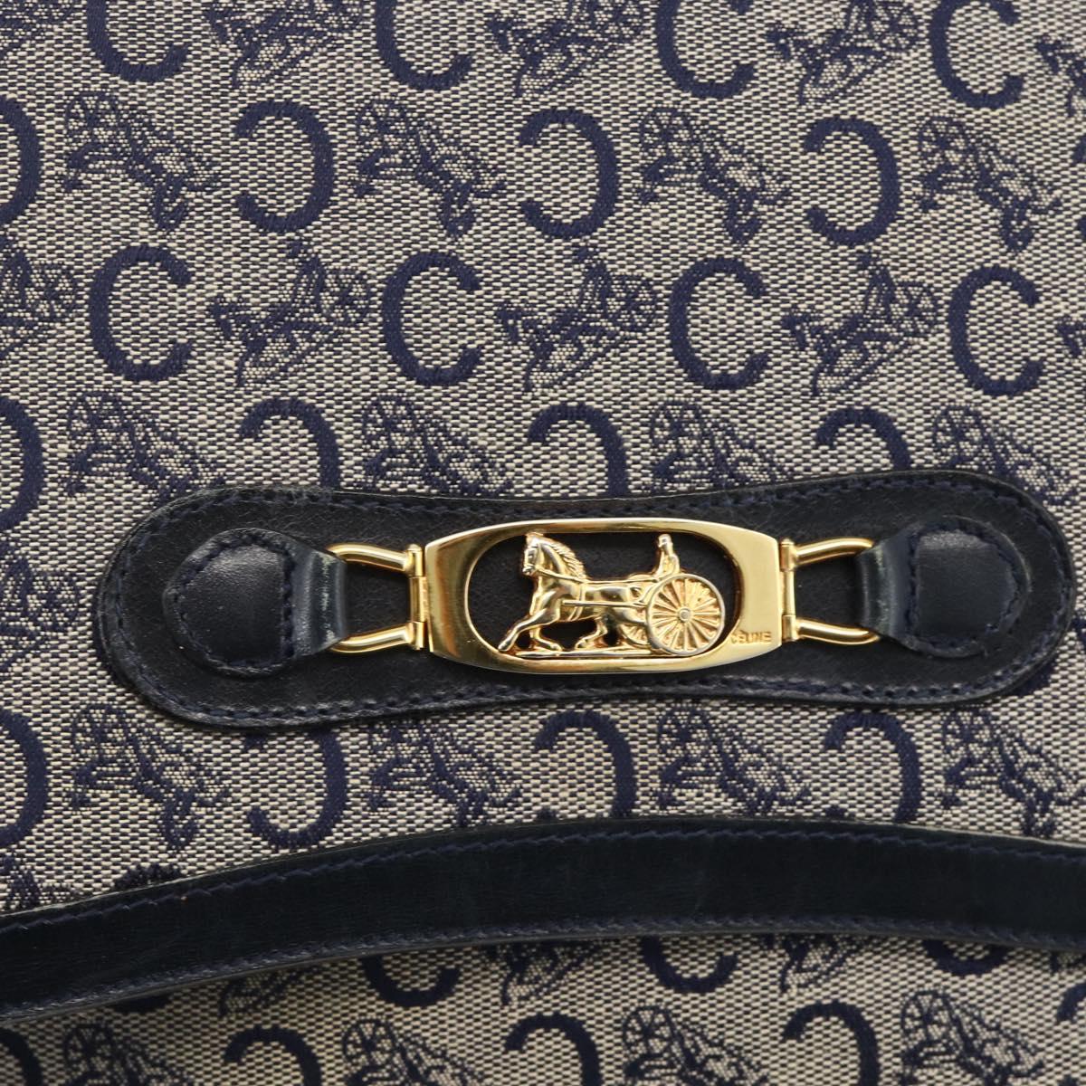 CELINE C Sulky Horse Carriage Shoulder Bag Canvas Navy Gold Auth AMZ372