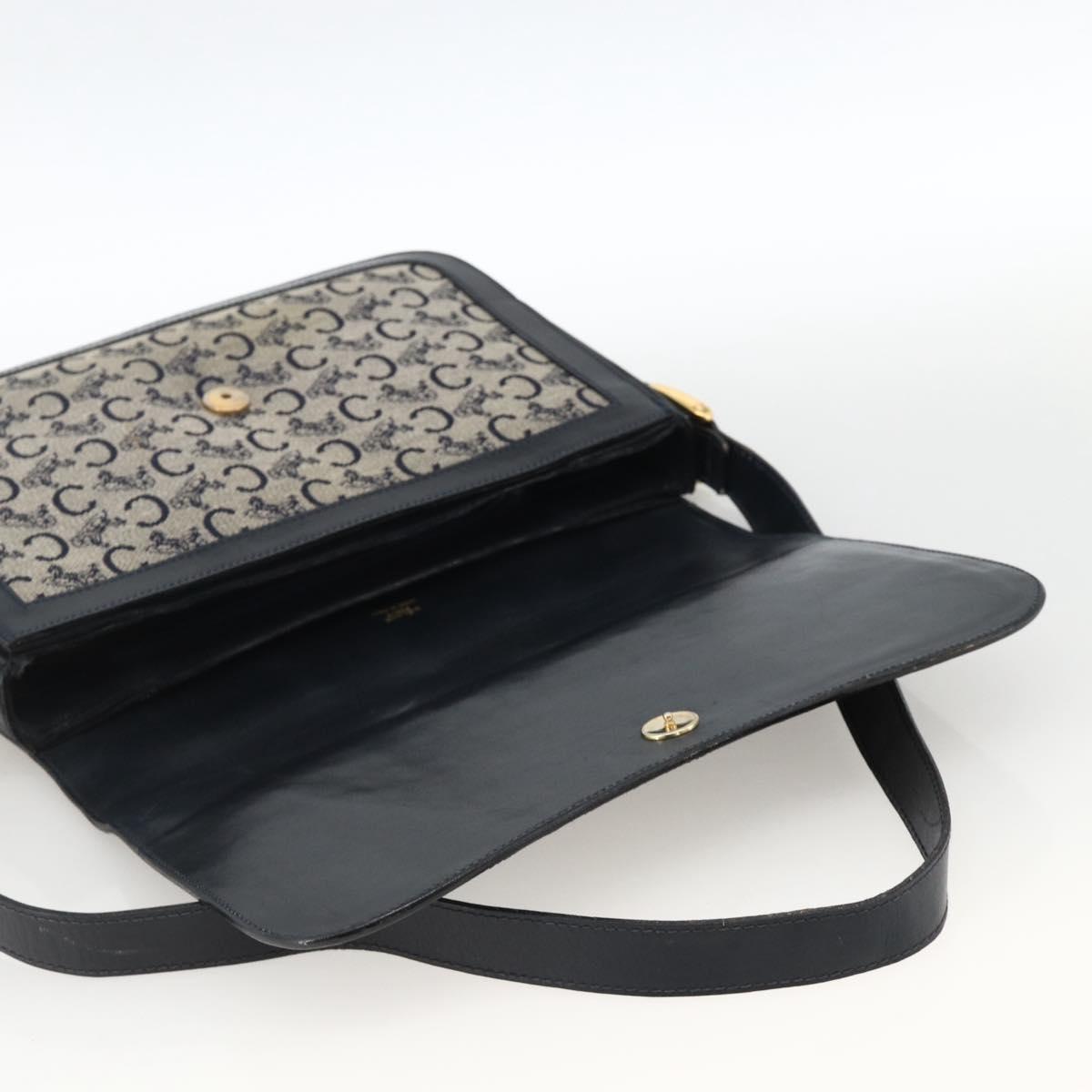 CELINE C Sulky Horse Carriage Shoulder Bag Canvas Navy Gold Auth AMZ372
