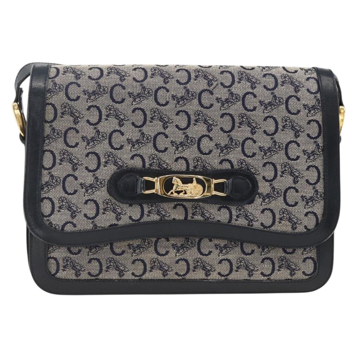 CELINE C Sulky Horse Carriage Shoulder Bag Canvas Navy Gold Auth AMZ372