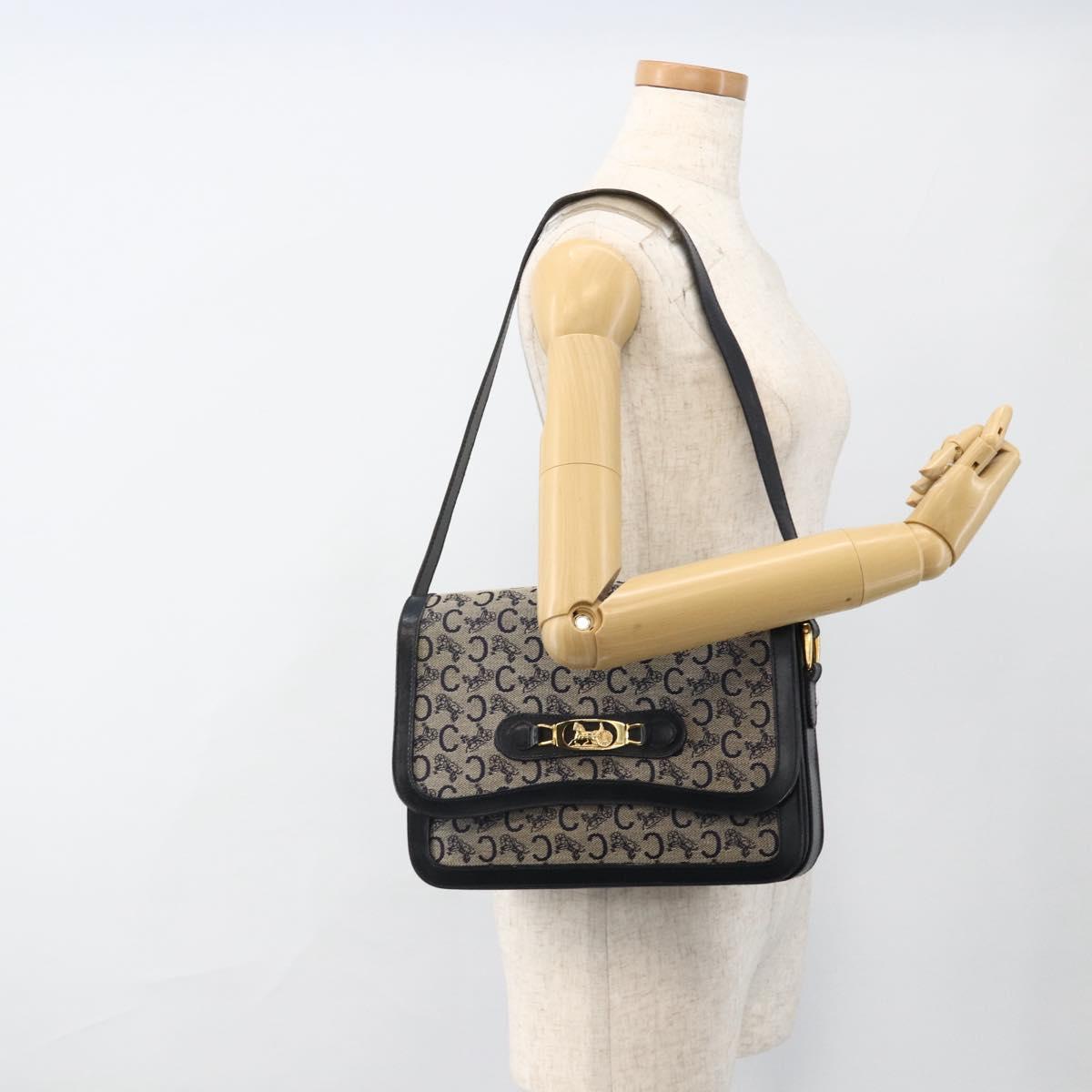 CELINE C Sulky Horse Carriage Shoulder Bag Canvas Navy Gold Auth AMZ372