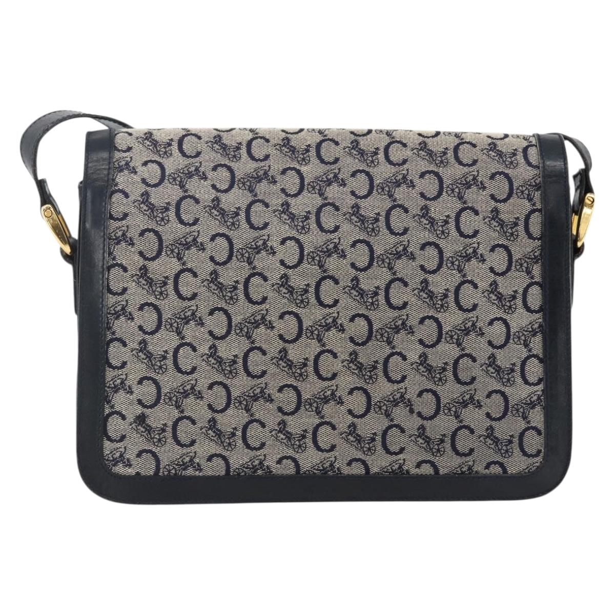 CELINE C Sulky Horse Carriage Shoulder Bag Canvas Navy Gold Auth AMZ372